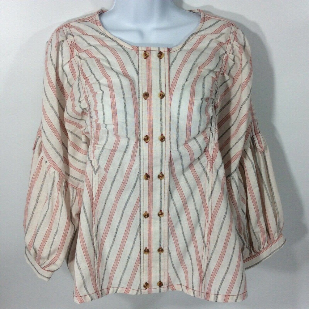 BluHeaven Umgee Women's L Red White Black Stripe Top Bishop Sleeve Button Down